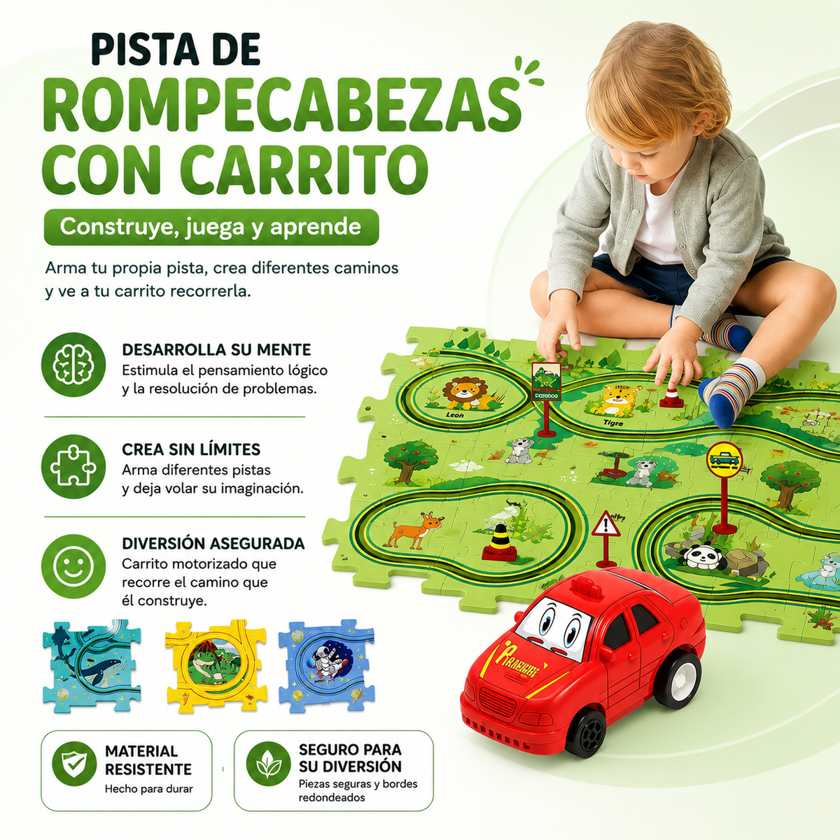 Pista De Rompecabezas con Carrito (12 piezas + 12 accesorios +1 Carro)