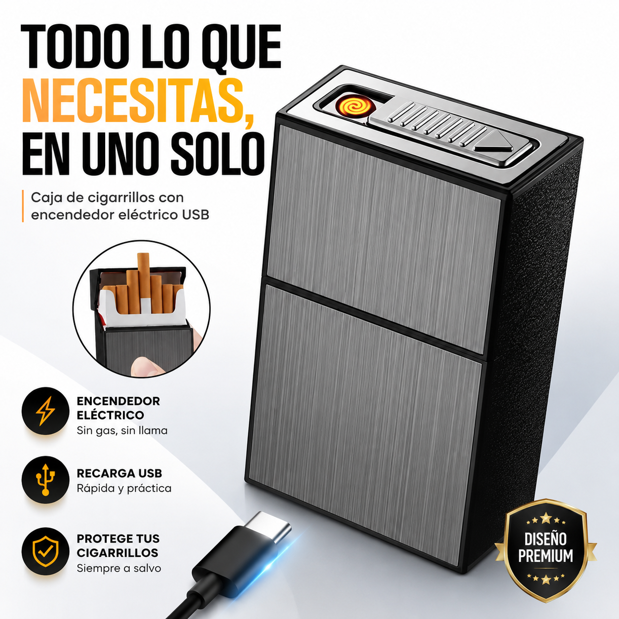 CAJA DE CIGARROS PREMIUM CON ENCENDEDOR CARGA USB