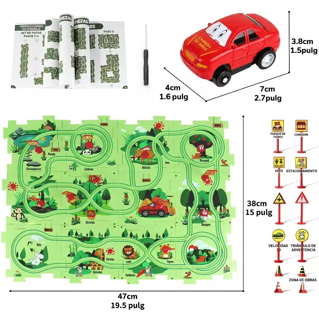 Pista De Rompecabezas con Carrito (12 piezas + 12 accesorios +1 Carro)