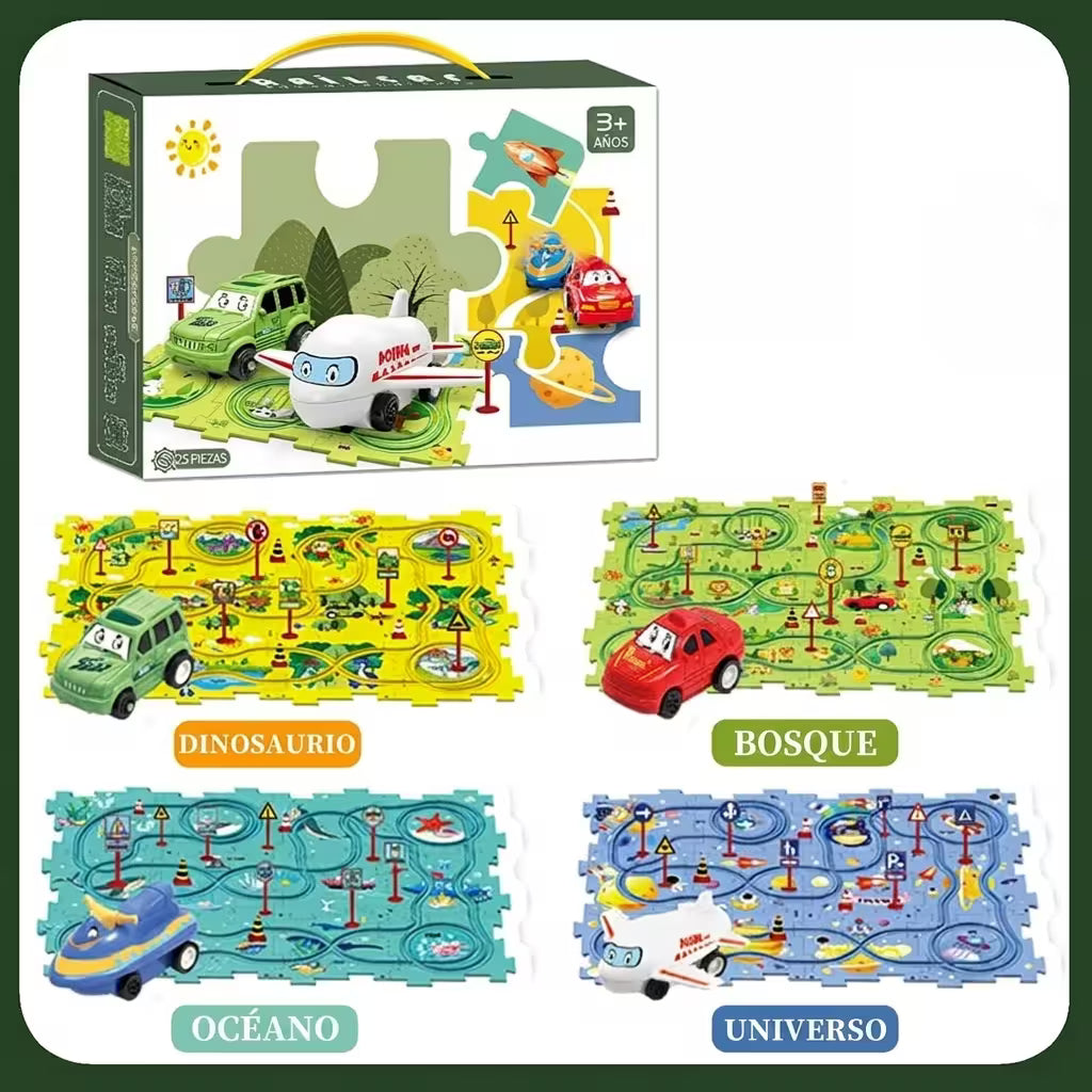 Pista De Rompecabezas con Carrito (12 piezas + 12 accesorios +1 Carro)